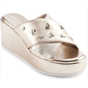 Karl Lagerfeld Caleigh Platform Slide Sandal Gold Leather Studded EU 37.5 US 7